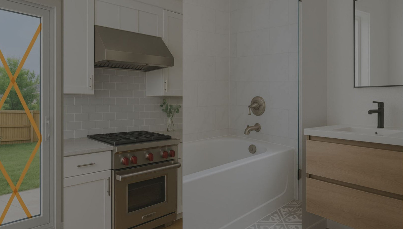 Kitchen and bathroom area with white appliances and wooden cabinets.